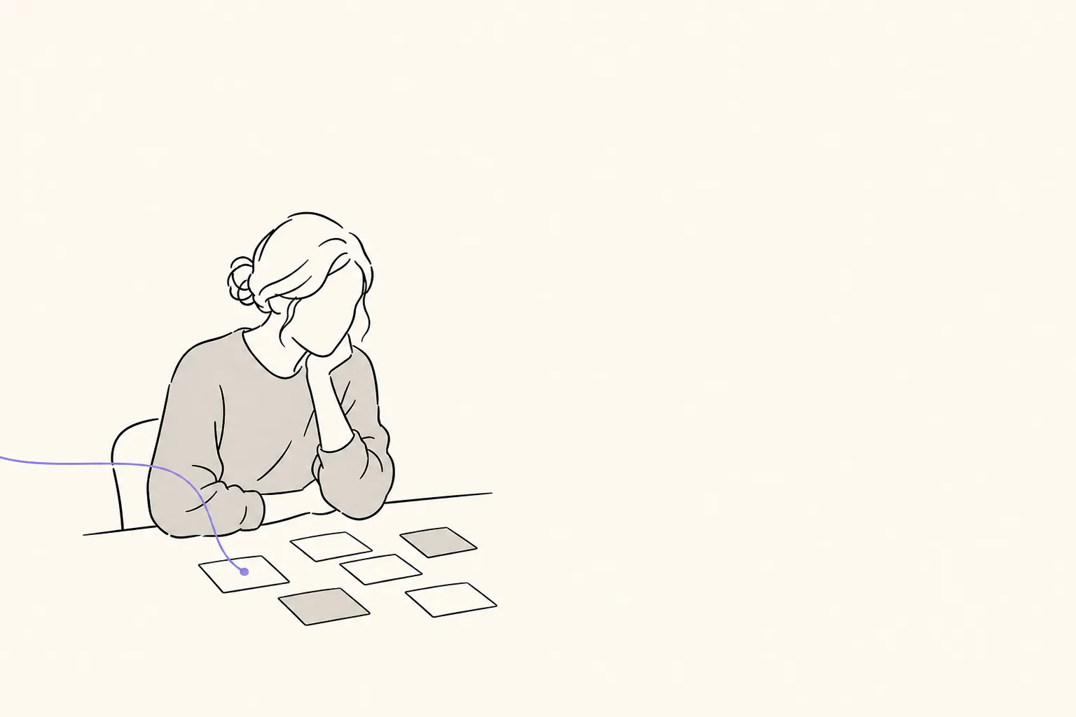 A person seated before a spread of cards, with a thin line reaching in from outside the frame and leaving a coloured mark on one of them.
