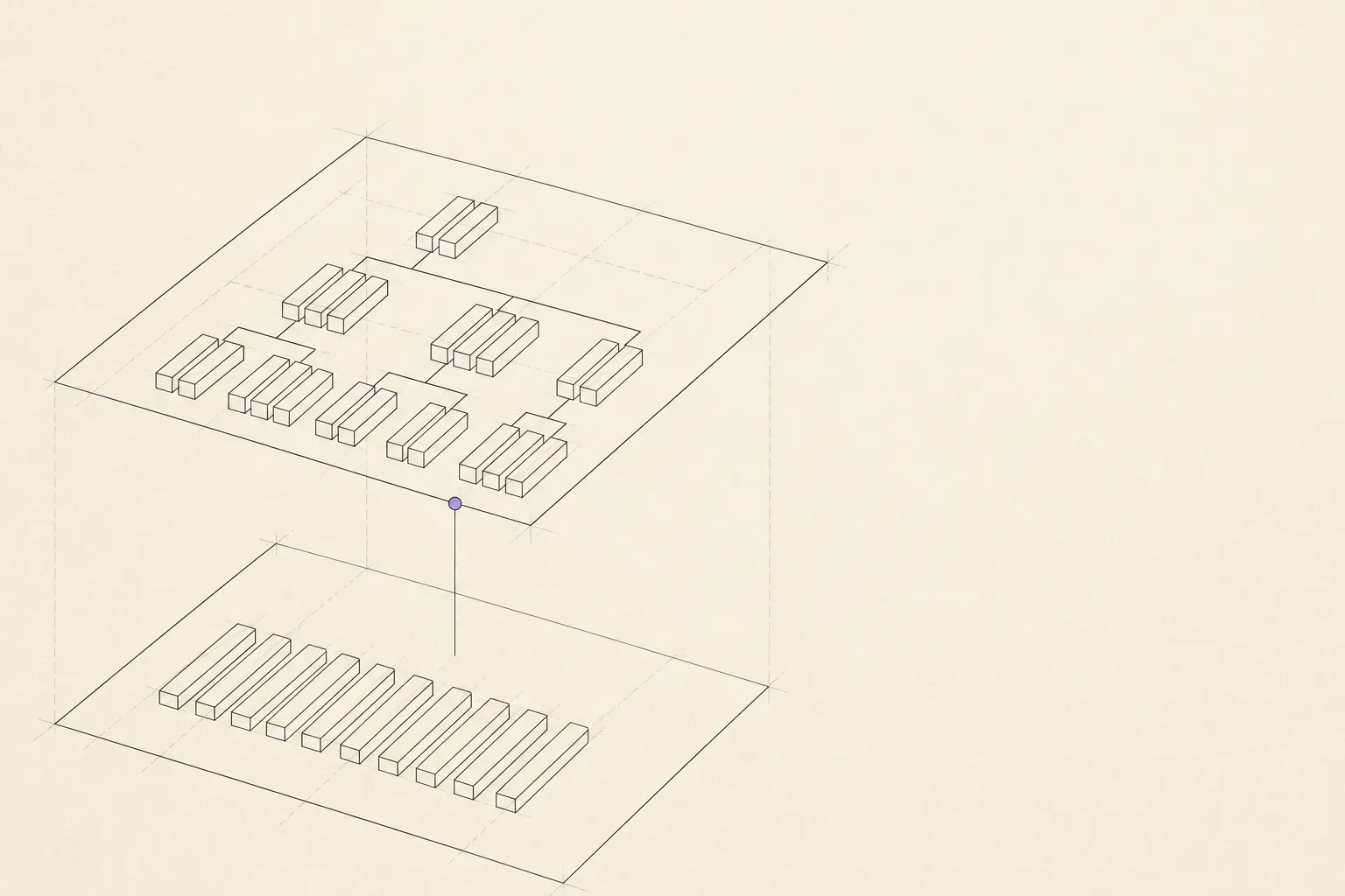 Two stacked planes: a row of flat identical bars below, a grouped and connected structure above, and a line rising from the lower plane that stops at the boundary of the upper one.