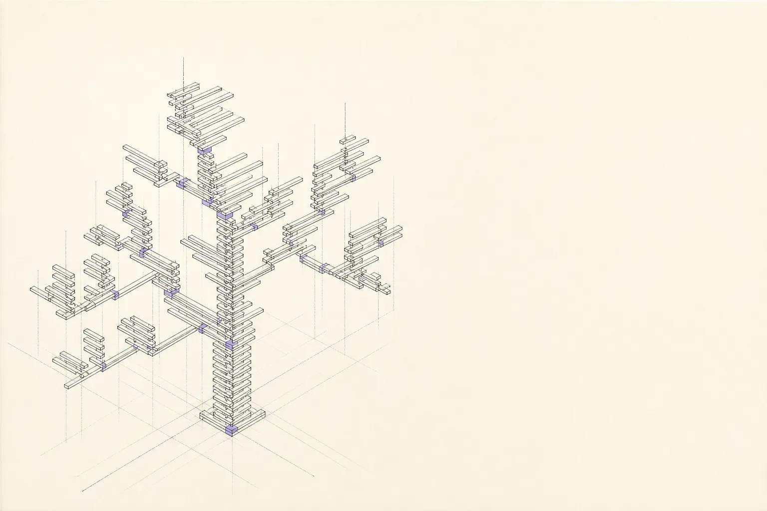 Hundreds of identical bars, assembled into one branching structure with a spine and limbs instead of a flat wall.