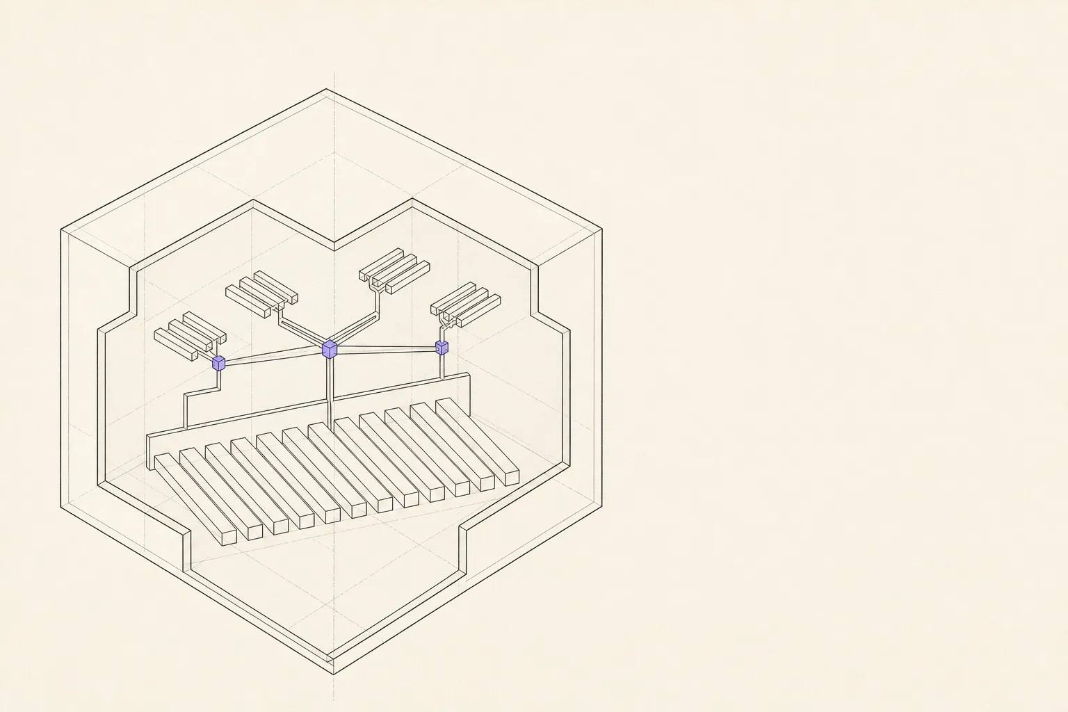 A single closed volume drawn as a cutaway, holding both a row of plain task bars and a branching grouped structure, with the paper outside it completely empty and nothing leaving the enclosure.