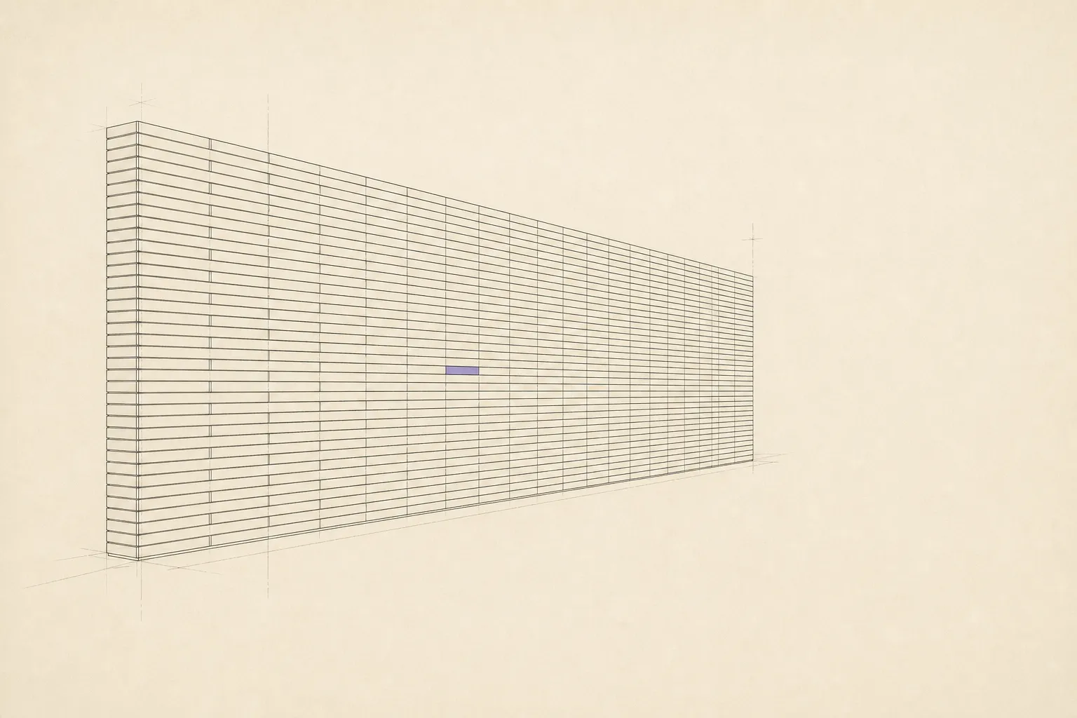 A wall built from hundreds of identical horizontal bars receding into the distance, with a single coloured bar somewhere in the middle.