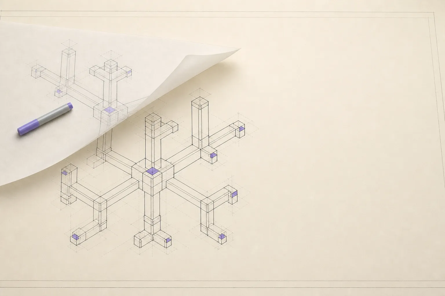 A complete structure drawn on a drafting sheet, with a sheet of tracing paper carrying the same structure being lifted off it by one corner.
