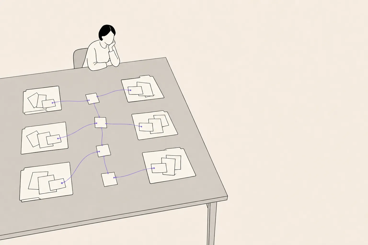A desk seen from above with six separate folders laid apart, and a thin thread drawing one card out of each folder into a single line.
