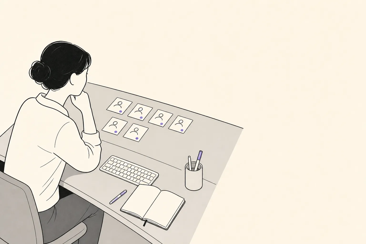 A person at a desk divided in two by a single line, their own keyboard and notebook on the near half and six cards belonging to other people on the far half.