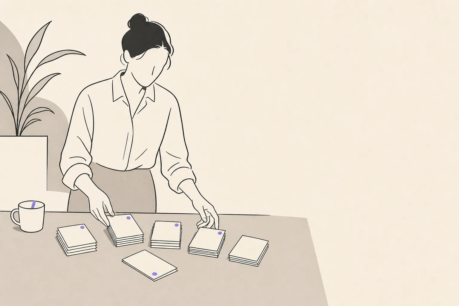 A person standing at a desk, re-arranging five separate stacks of paper cards, one of which has tipped over and lies flat.