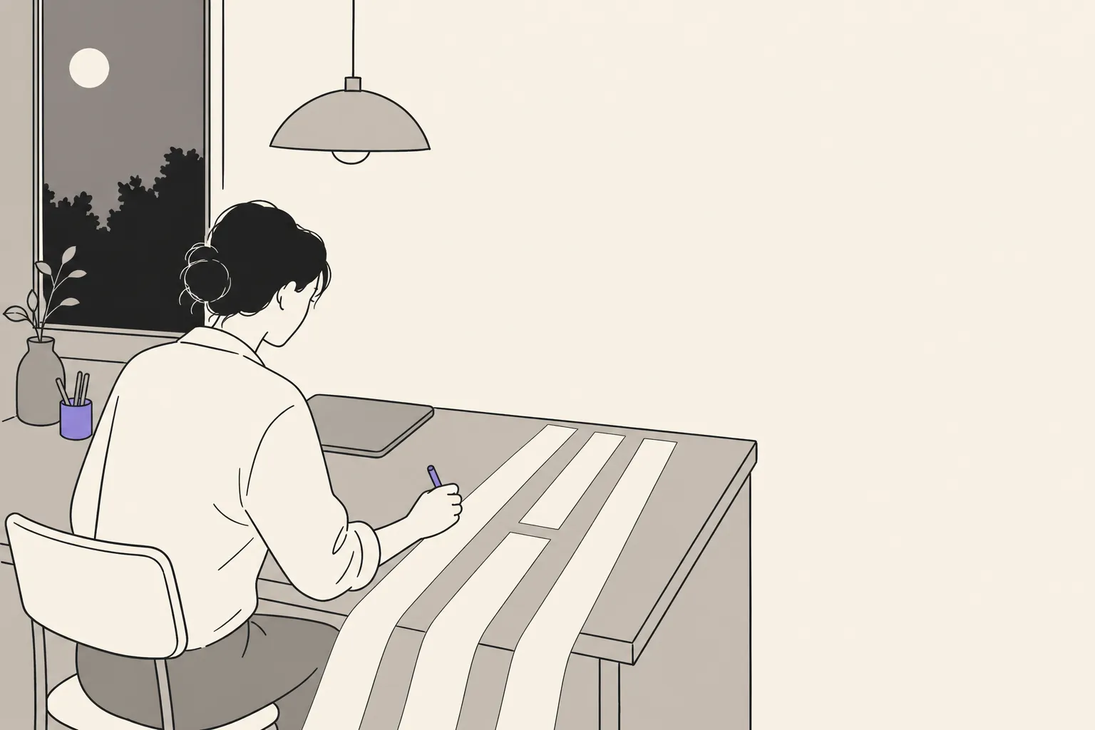 A person working alone at a desk at night, three parallel paper strips running away across the desk with the middle one broken by a gap.