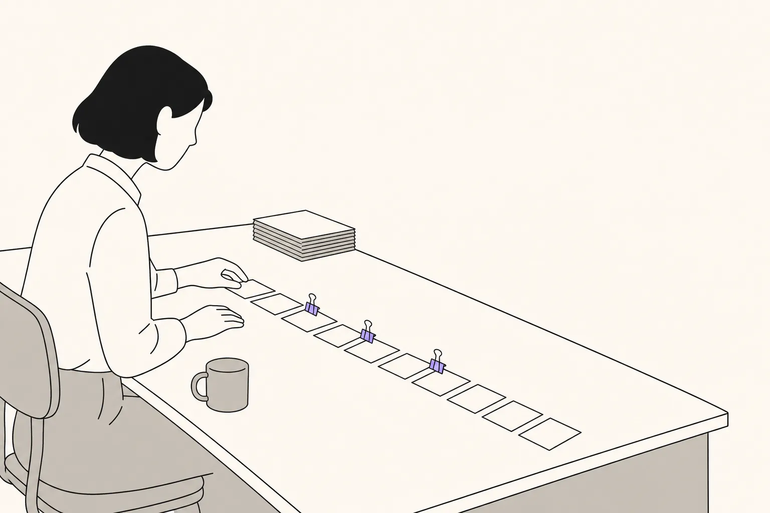 A row of cards laid out on a desk with three of them held down by clips so they cannot move forward, and a pile of finished sheets set aside.