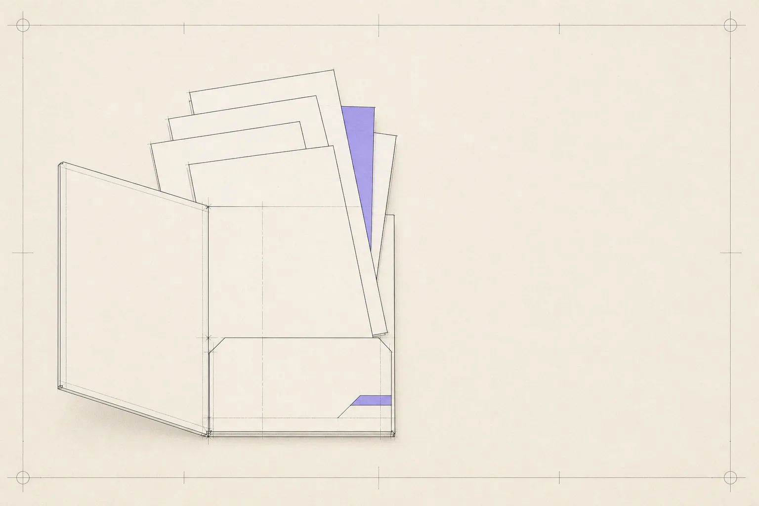 An open folder with blank sheets fanned out of it, one of them in colour.