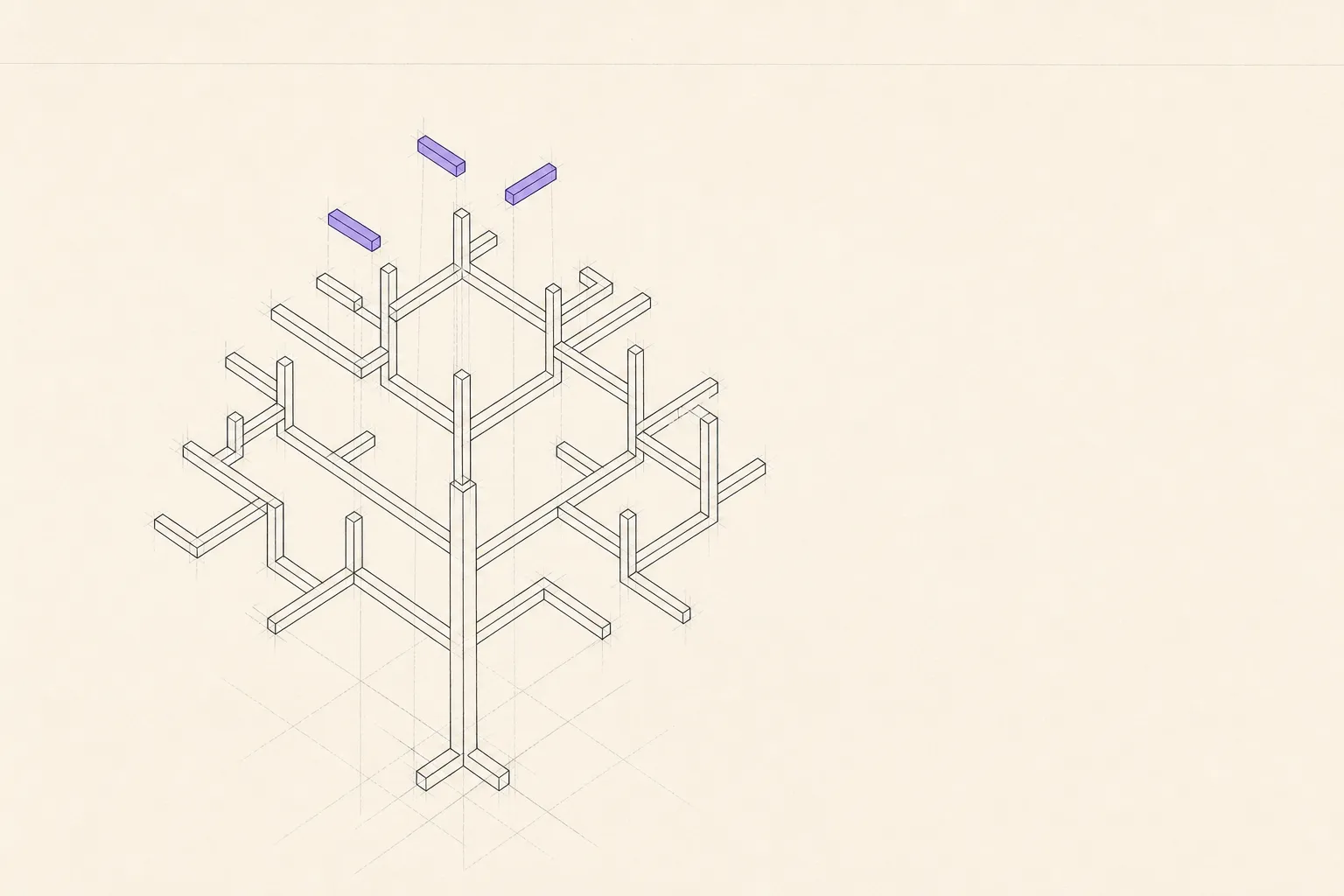A complete branching structure with exactly three small elements picked out in colour and lifted just above it.
