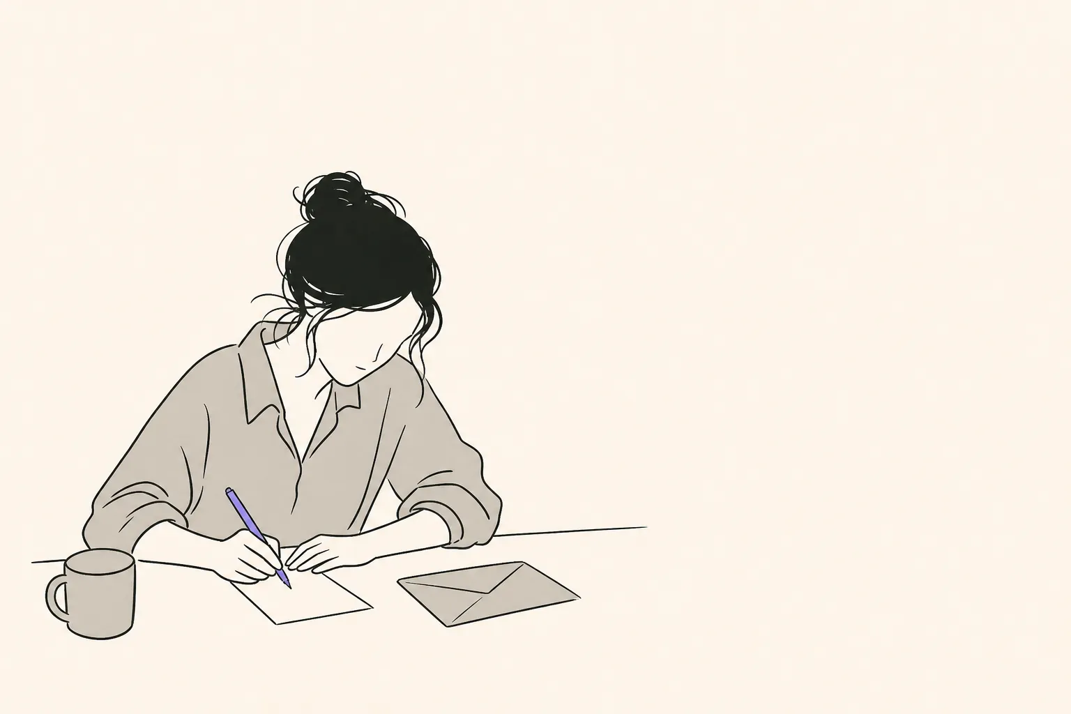 A person at a desk writing a short note by hand, with a plain envelope resting beside it.